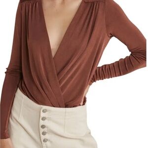 Intimately Free People Turnt Long Sleeve V Neck Mesa Burnt Brown Sz S Office